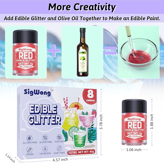 Edible Glitter - 8 Colors Luster Dust Edible Set for Drinks, Food Grade Edible Glitter Dust for Cake Decorating, Cocktail, Fondant, Strawberries, Candy, Cookie, Chocolate, Vegan and Gluten Free - 5g/bottle