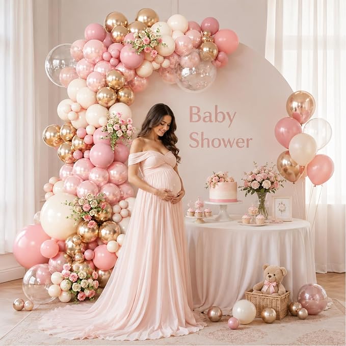 Double Stuffed Dusty Pink Balloon Arch Kit for Girls, Pearl Pink White Gold Balloon Garland for Baby Shower Birthday Wedding Bridal Party Decorations with Clear Metallic Rose Gold Balloons