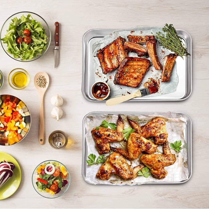 TeamFar Toaster Oven Pans Set of 4, Stainless Steel Compact 10.5 x 8 x 1 Inch Baking Roasting Pan Professional, Healthy &Heavy Duty, Easy Clean & Dishwasher Safe, Deep Edge & Mirror Surface