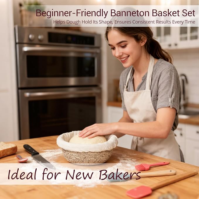 Sourdough Proofing Basket - Banneton Bread Proofing Basket, 9" Round & 10" Oval Cotton Rope Banneton Basket Set with Liners & Covers for Bread Baking