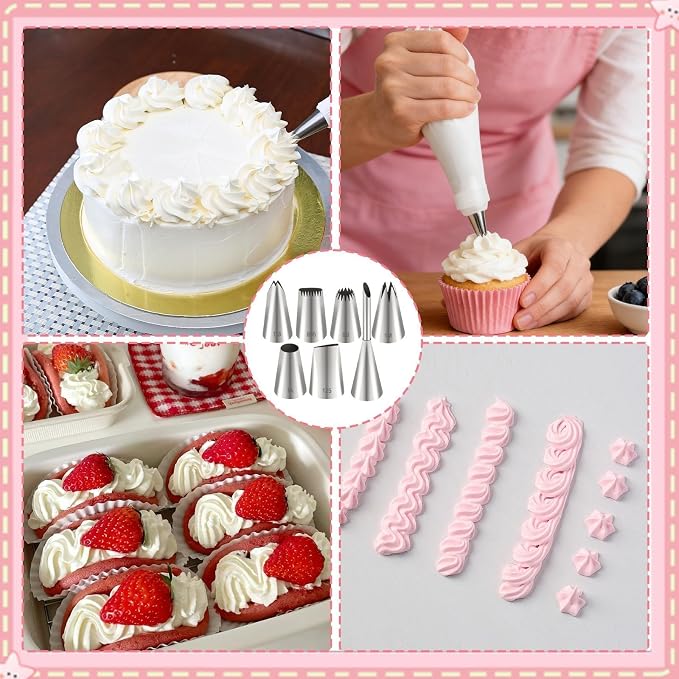 15pcs Reusable Cotton Piping Bags and Tips Set with 7 Stainless Steel Piping Tip, Large Piping Tips and Churro Tip for Cake Cupcake Pastry Decoration and Cream Puff Filling