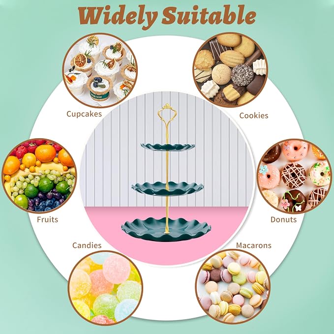 BACUTHY 3 Tier Cupcake Stand Holder, Plastic Cup Cake Stand Tower with Tiered Serving Tray for Cupcakes, Donuts, Fruits and More (Green)