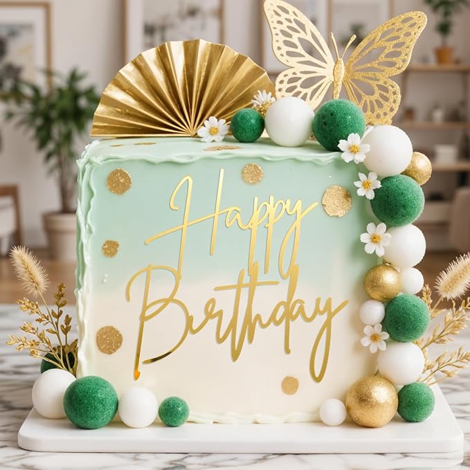 1PCS Gold Happy Birthday Cake Topper, Acrylic Happy Birthday Cake Sign Party Decorations Cupcake Toppers for Anniversary, Bridal Shower, Party Desserts Pastries Supplies