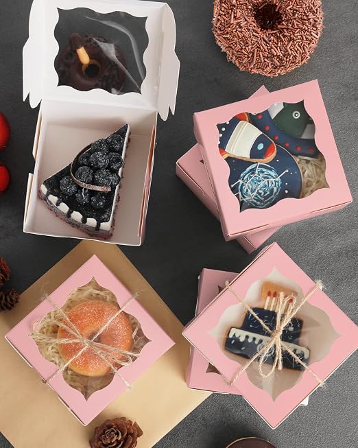 qiqee Pink Bakery Boxes with Window 100pcs 4x4x2.5 Mini Cookie Boxes Macaron Boxes Small Donut Pastry Boxes for Party
