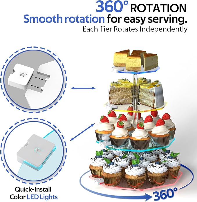 4-Tier Rotating Cupcake Stand with LED Lights - 360° Spinning Display Tower for Desserts, Cakes & Pastries - Rechargeable 7-Color Changing Serving Tray for Weddings, Parties & Festive Gatherings (Polygon Clear Acrylic)