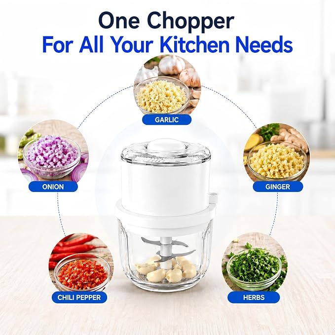 Electric Garlic Chopper,350ML Mini Food Processor,Thick Glass Bowl Mini Chopper,Portable Vegetable Chopper with Upgraded 6 Stainless Steel Blades,Onion Mincer Grinder for Garlic,Chili,Ginger,Nuts