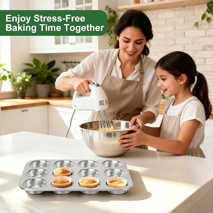 12-Cup Stainless Steel Muffin Pan, Cupcake Pan Metal Muffin Baking Tins for Oven & Dishwasher Safe, Cupcake Pans for Baking Non-toxic & Easy Clean Set of 2 