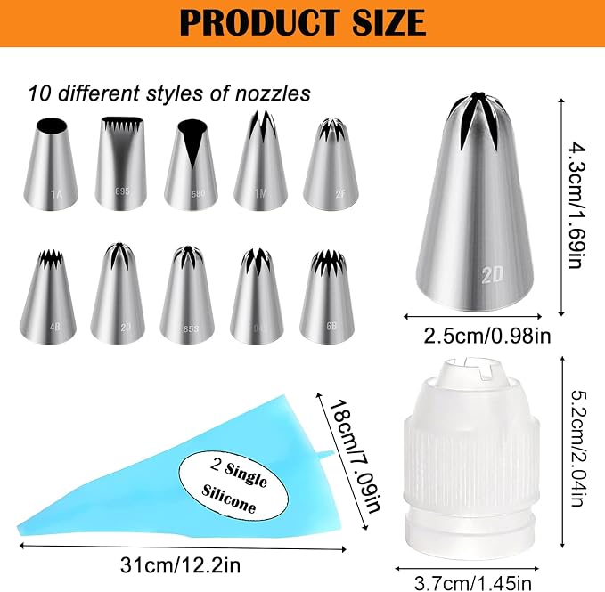 NOVANO 14pcs Large Piping Tips Set | Seamless Stainless Steel, Frosting Icing Tips, Includes Reusable Piping Bag and Coupler