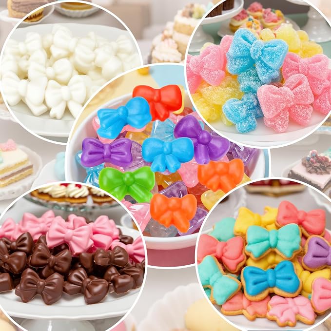 Palksky Bow Chocolate Mold Silicone, 4PCS 36 Cavities Bow Fondant Molds, Gummy Candy Molds for Gummies Cookies Fruit Snacks Cupcake Decor with 2 Droppers, Non-Stick For DIY Homemade Treats