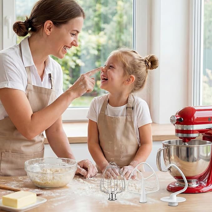 Mixer Attachments for KitchenAid 4.5-5 Qt Tilt-Head Stand Mixer, Dishwasher Safe Set with Wire Whip, Dough Hook and Flat Beater, Heavy Duty Replacement Accessories for Baking