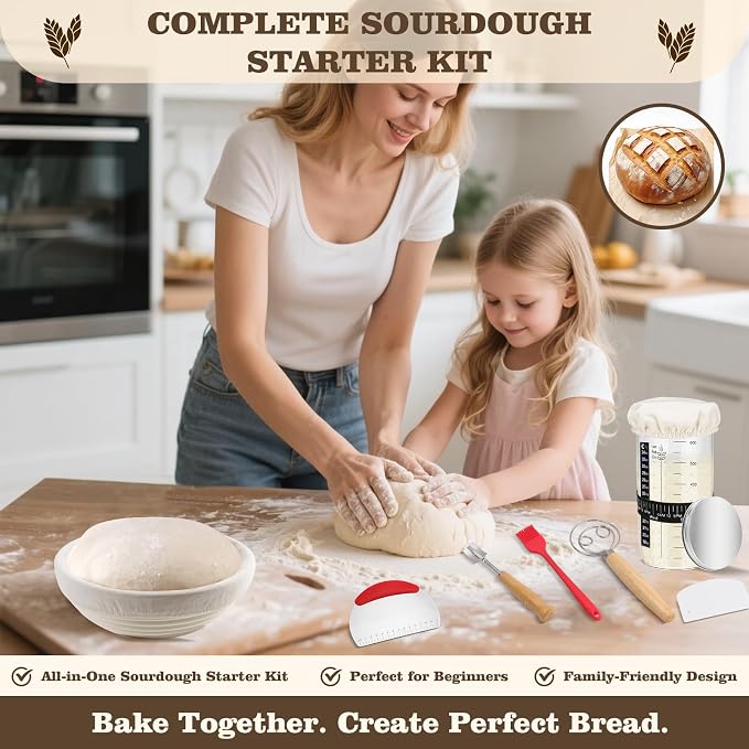 Complete Sourdough Starter Kit, 9 Inch Bread Proofing Basket, 24 Oz Sourdough Starter Jar Kit, Sourdough Bread Baking Supplies, Sour Dough Starter Kits for Beginners Home Bakers Wife Mom
