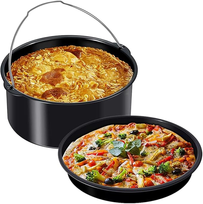 2Pcs Air Fryer Accessories, 7 Inch Air Fryer Pizza Cake Pan and Baking Cake Barrel Deep with Non-Stick Coating,Round Airfryer Baking Cake Pan Accessory Set