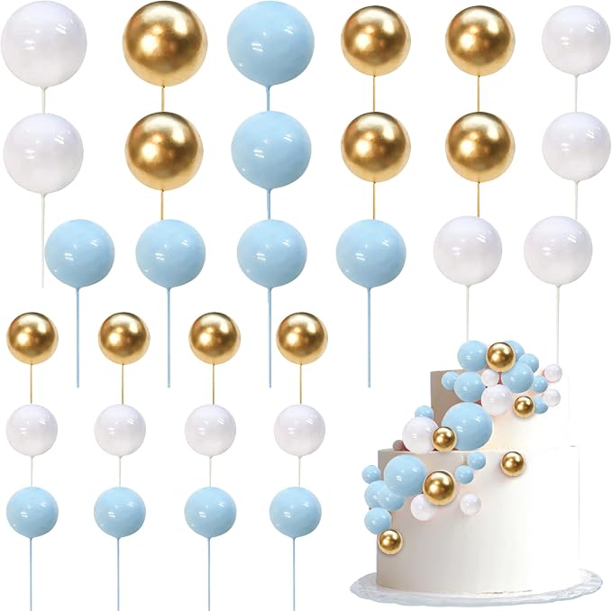 24 PCS Colorful Ball Cake Topper Mini Balloon Cupcake Toppers DIY Foam Ball Cake Insert Decoration for Wedding Anniversary Baby Shower Birthday Party Decorations Supplies Blue Gold White