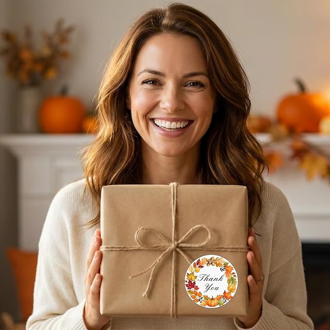 Louise Maelys 2 Inch Thank You Stickers Roll-120 Pcs Fall Thank You Sticker with Pumpkin & Leaf Pattern Autumn Stickers Labels for Thanksgiving, Gift Wrapping, Party Favors, Small Business, Envelope
