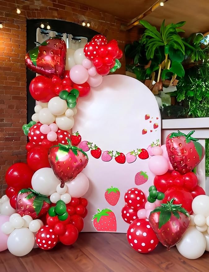 Strawberry Balloon Arch Garland Kit, 137 Pcs Pink Red Cream Balloons with Strawberry and Daisy Foil Balloons, Sweet Berry First Birthday Decor for Girls, Baby Shower, Princess Party Decorations