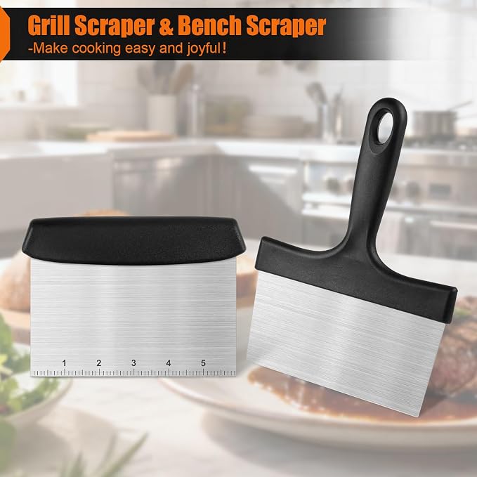 Grill Scraper&Bench Scraper Set,Food Scraper with Handle for Blackstone, Flat Top Grill Cleaning,Premium Stainless Steel Dough Cutter with Measuring Scale for Pastry,Cake,Pizza,Bread,Cooking