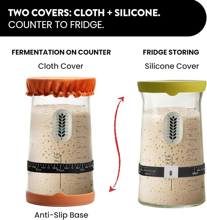 Sourdough Starter Jar & Fermentation Jar Set - 2 Wide Mouth Glass Jars (39oz) with Tracker Band, Thermometer, Bread Scraper, Cookbook & Cloth Cover, Sourdough Starter Kit for Beginners
