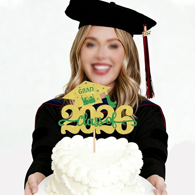 1 Pack Class of 2026 Cake Topper Glitter Congrats Grad Cap 2026 Graduation Cake Pick for 2026 Graduation Theme High School Graduate Party Cake Decorations Supplies Gold Green