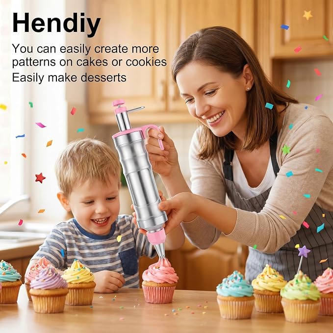 Dessert Decorating Syringe Set, Including 6 Piping Tips & 9 silicone cupcakes, Stainless Steel Frosting & Icing Piping Kit for Cake Decorating Tools Cupcake Decor