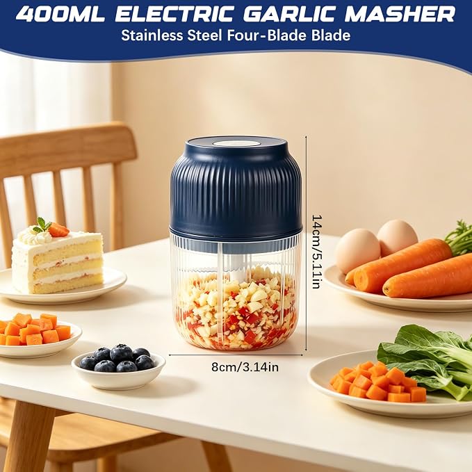 Electric Garlic Chopper 350ml, Portable Cordless Garlic Mincer, Powerful 6 Stainless Steel Blades Food Chopper with Lid, Mini Food Processor for Onion Ginger Chili Meat