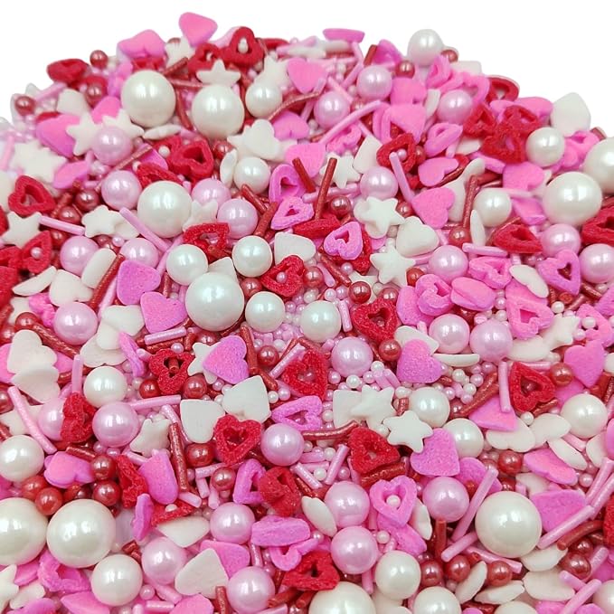 Edible Heart Sprinkles Red White and Pink Sprinkles Mix with Pearl Decorations Hearts Cake Decorations Cupcake Toppers Baking Cookie Decorating Ice Cream Toppings Celebration Valentines Decoration