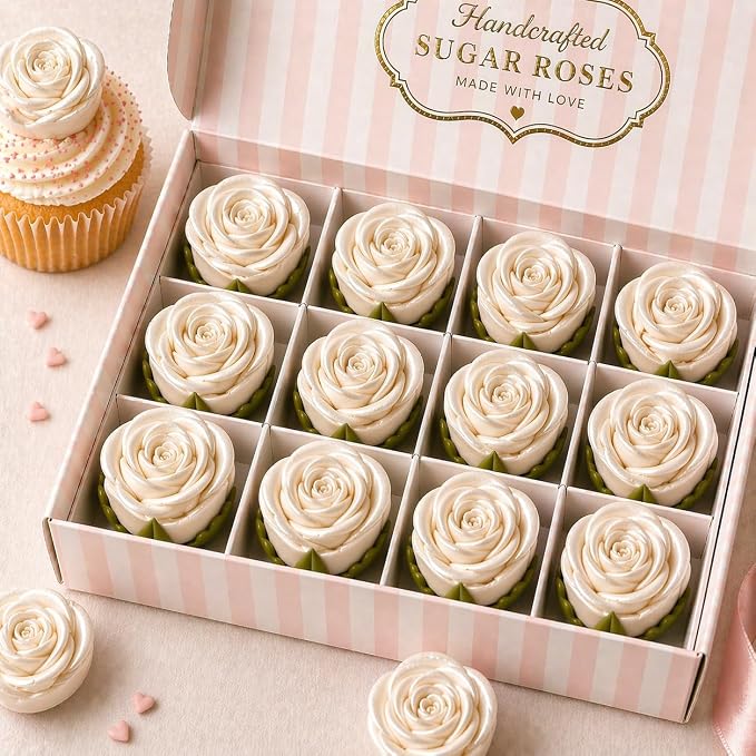 Confect Metallic Edible Lumniscent Pearl Roses | Christmas Cupcake Toppers | Edible Flower For Cake Decorating | Edible Metallic Sugar - Soy-Free, Dairy-Free, Palm Oil-Free -Pack of 12