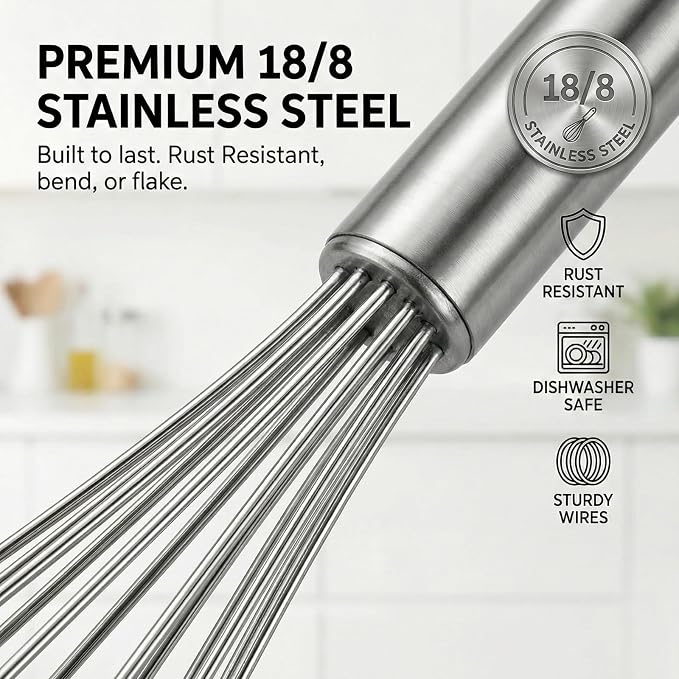 11-Inch Slim French Whisk – 18/8 Stainless Steel Wire Whip with Long Handle – Narrow Stirrer for Mason Jars, Coffee & Cocktails – Small Whisk for Eggs, Sauces, Dressings & Nut Butters