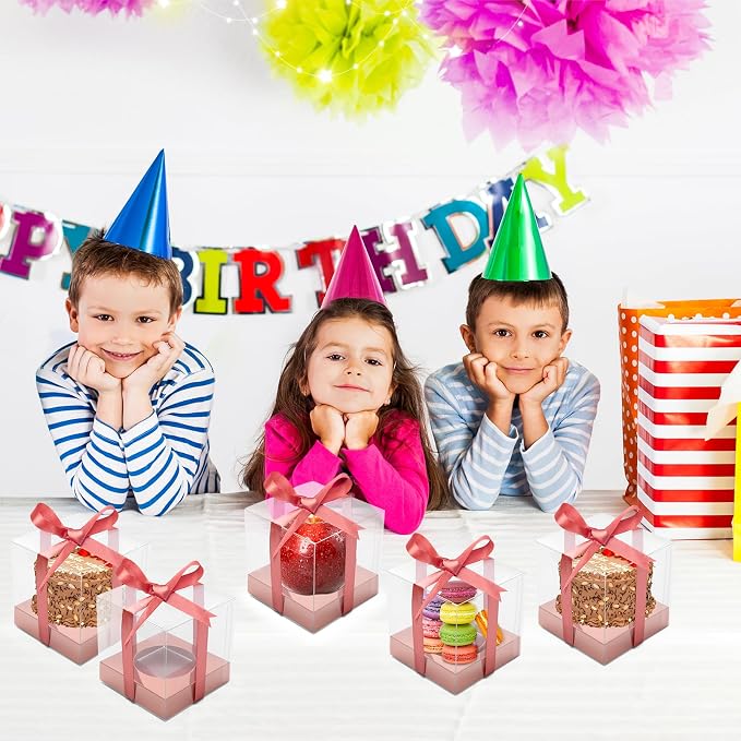 12 Pack Clear Plastic Cupcake Boxes, 3.5 Inch Gold Single Cupcake Containers Disposable Individual Cup Cake Carrier Holder Boxes with Inserts and Ribbon (Rose gold)
