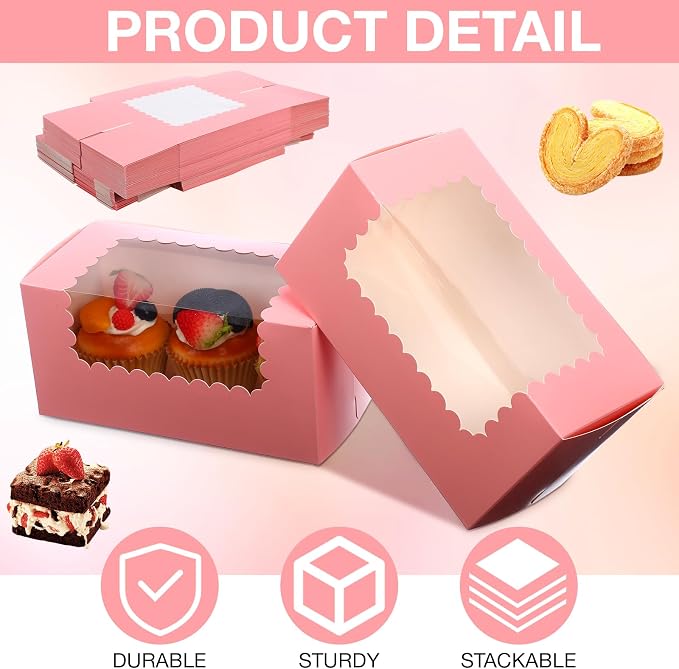 Ireer 60 pcs 8x4x4 Inch Bakery Boxes with Window Cookies Boxes Pumpkin Roll Container Donut Box Pastry Cake Packaging Safe for Cookies Loaf Muffins Breads Dessert Candies Treat(Pink)