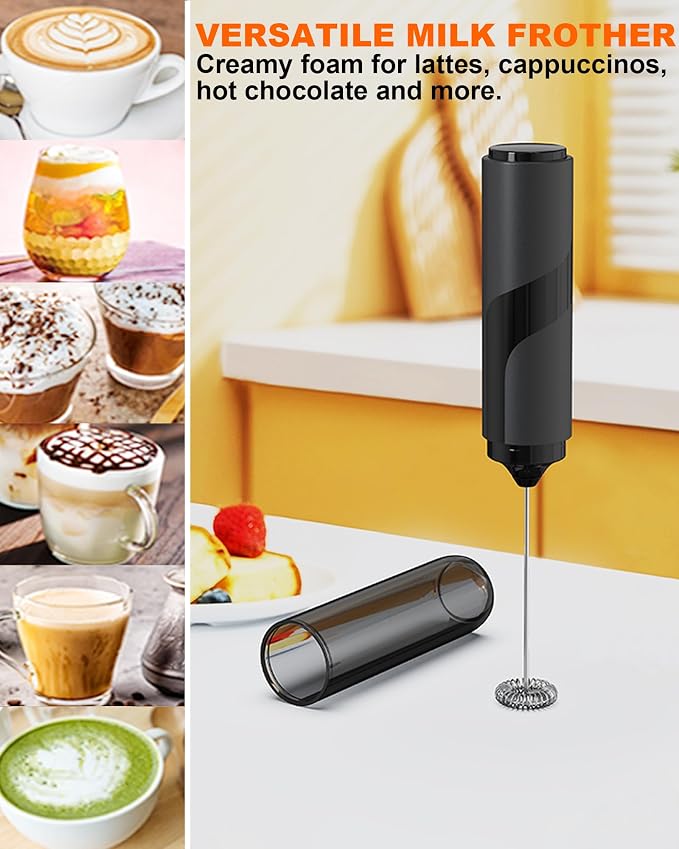 Electric Milk Frother Handheld with Cover (2AA Not Included) | Storage Cover - Easy To Carry Drink Mixer Handheld, Portable Frother for Coffee, Latte, Matcha, Cappuccino & Hot Chocolate