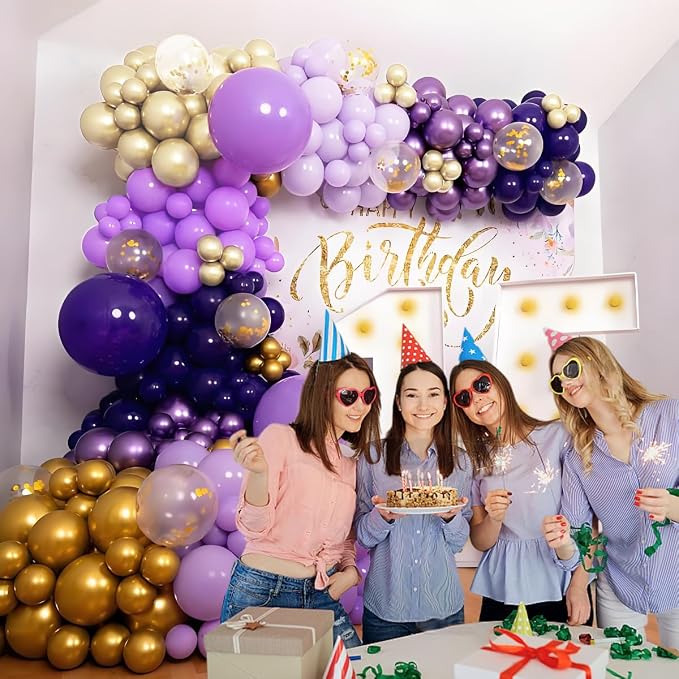 MEBAY Purple and Gold Balloons Arch Kit, 166Pcs Dark Purple Metallic Lavender Lilac Violet Gold Chrome Balloons for Baby Shower Girl Princess Party Wedding Decorations