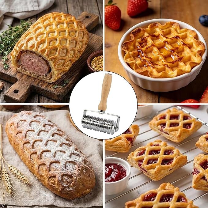 Grid Roller Cutter for Pastry, 304 Stainless Steel Blade with Ergonomic Wooden Handle, Includes Cleaning Brush, Pastry Tool for Pie, Wellington, Pizza & More(COLOR:Silver)