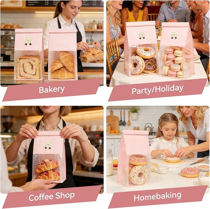 100 Bakery Bags with Window, 5.1x3.9x11 Inches Paper Bread Bags, Tin Tie Tab Lock Cookie Bags Food Storage Bag for Snacks, Popcorn, Candies, 120 pcs Stickers Included (100, Medium)