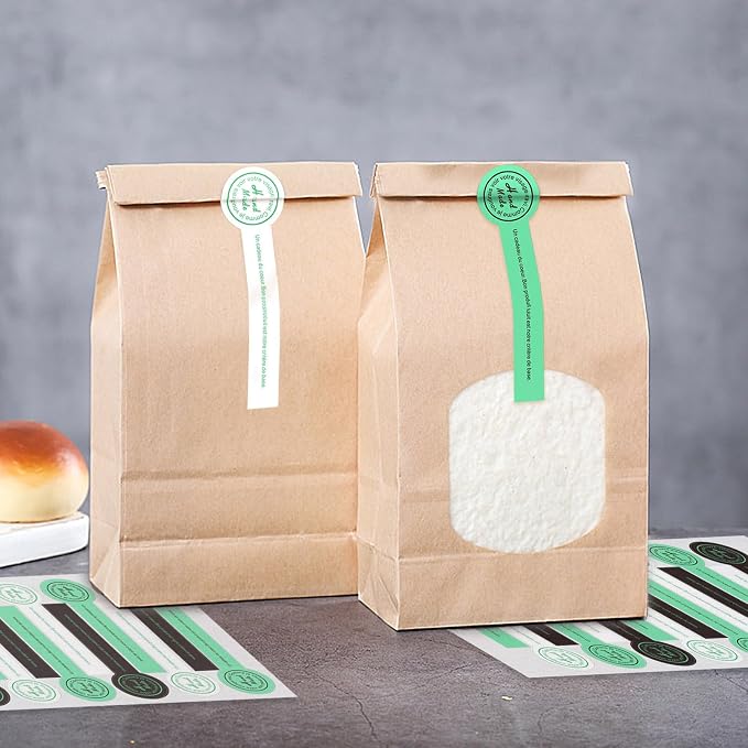 800pcs Handmade Food Baking Seal Stickers, Black Green White Self Adhesive Bakery Stickers, 3.9in Long Strip Tamper-Proof Packaging Sealing Labels for Lollipop Cake Cookie Bread