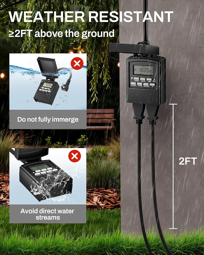 BN-LINK 7 Day Outdoor Heavy Duty Digital Programmable Timer, Outdoor Timer Outlet Waterproof, 2 Grounded Electrical Outlets for Christmas Lights, 15A 1/2HP,ETL Listed(2 Pack)