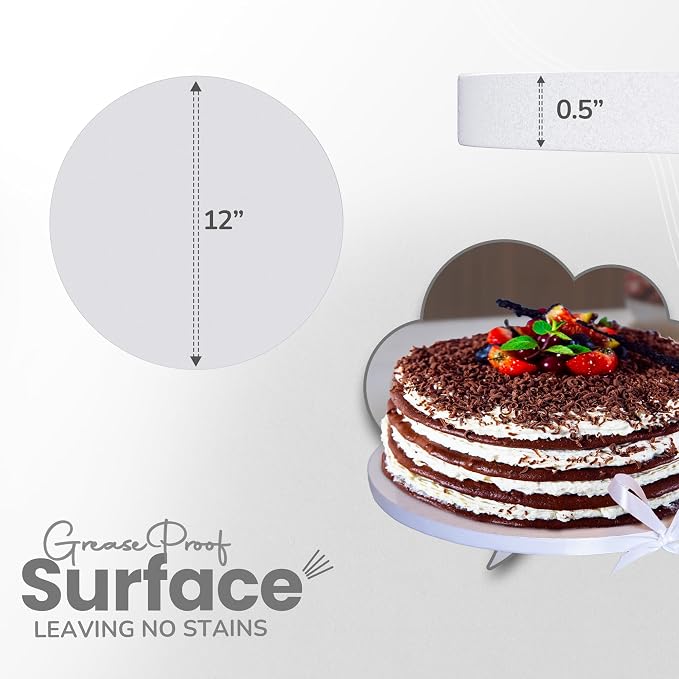 12-Pack Cake Drums 12 inch Reversible, Sturdy 1/2" Thick, Greaseproof, White | Free Prop Up Tool + Matching Ribbon | Professional Round Cake Boards for Tiered, Wedding, Birthday Cakes