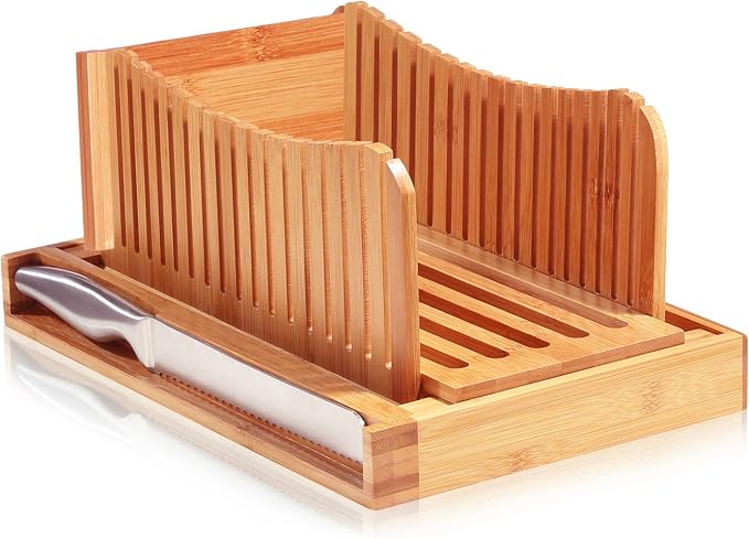 Bread Slicer for Homemade Bread - Bamboo Bread Slicer with Knife, Foldable Bread Slicing Guide with 3 Adjustable Thickness, Crumb Tray, Bread Cutter for Sourdough, Bagels, Loaf, Toast, Kitchen Gifts