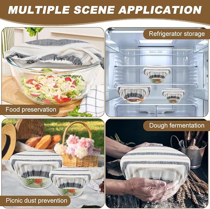 3Pcs Reusable Bowl Covers for Bread Proofing, Elastic Linen Cotton Food Cover for Sourdough Proofing Basket, Food Storage Baking Supplies for Home, Gift for Women