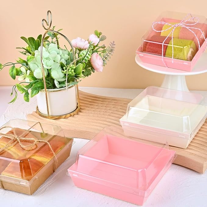 ZORRITA Paper Charcuterie Boxes with Clear Lids, 50 Pack, 5 Inch, Pink | Square To Go Dessert Containers, Small Bakery Boxes, For Cake, Cookies, Sandwich, Strawberries