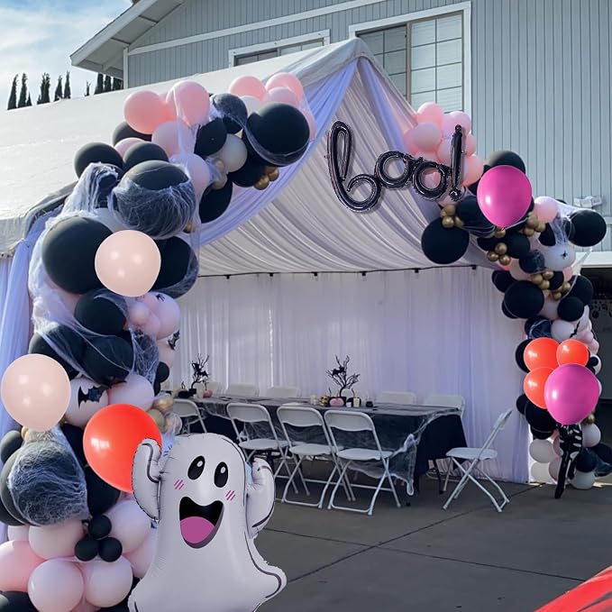 Halloween Balloon Arch Garland, Pink Halloween Party Decorations with Cute BOO Ghost Foil Balloons, Retro Pink Orange Apricot Latex Balloon Bat Sticker for Kids Aldult Birthday Background