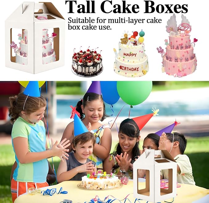 Cake Boxes - 3 Pack Tall Cake Box 12x12x14 Inch | Disposable Layer Carrier with 6 Window Large Tierd Cake Out Transport Containers with Handle for Wedding, Birthday, Party