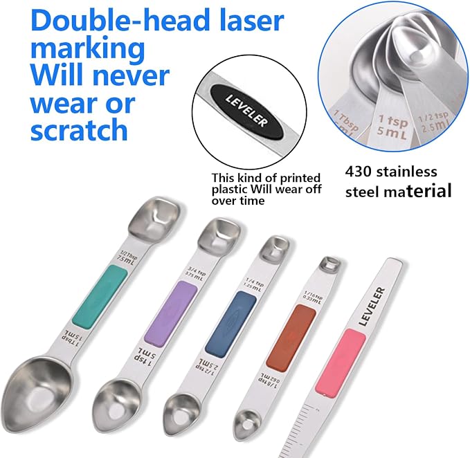 Stainless Steel Magnetic Measuring Spoons Set, Heavy Duty Metal Kitchen Gadgets for Baking & Cooking, Fits in Most Kitchen Spice Jars, Set of 4 with Leveler (Multicolor)