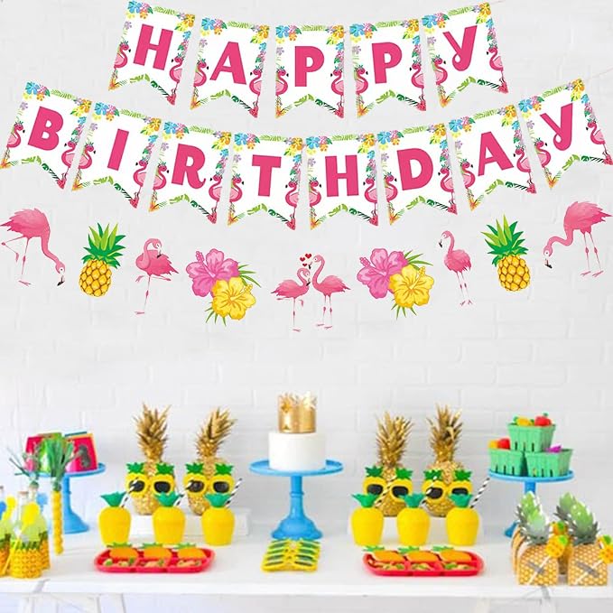 Zwiebeco Flamingo Happy Birthday Party Decoration Tropical Hawaiian Summer Supplies Pineapple Banner Bunting Garland for Kids Adults Aloha Luau Theme Accessories