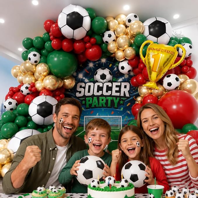 Soccer Party Decorations 160Pcs, World Soccer Balloon Garland Arch Kit with 18'' Football Foil Balloons, Green and Red Football Print Balloons for Boys Sports Fan Birthday Soccer Party Decor