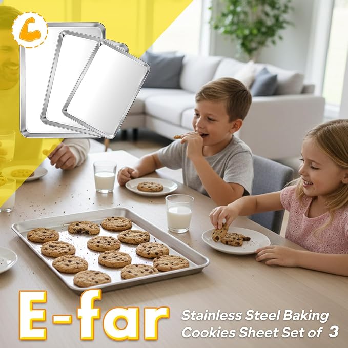 E-far Baking Cookie Sheet Pan Set of 3, 16/12.4/10.4 Inch, Stainless Steel Baking Pans Set for Oven, Rectangle Baking Tray for Cooking Roasting, Non Toxic & Easy Clean, Dishwasher Safe