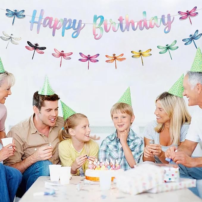 Zwiebeco Dragonfly Happy Birthday Banner Iridescent Insect Sign Hanging Paper Birthday Party Decorations for Girls Boys Kids Woodland Garden Accessories Party Supplies