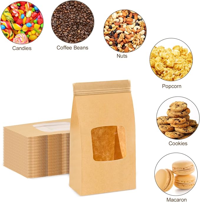 Ocmoiy Small Bakery Cookie Bags with Window, 3.5x2.36x6.7 Inches, 100 Pcs | Tin Tie Tab Lock, Kraft Paper Bags, With Thank You Stickers, For Cookie, Coffee, Bread