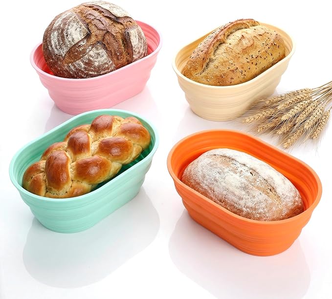4 Pcs Oval Silicone Bread Proofing Basket Set, 10 Inch Foldable Sourdough Banneton Basket for Non-Stick Dough Rising - Oven, Dishwasher Safe (Beige, Green, Orange, Pink)