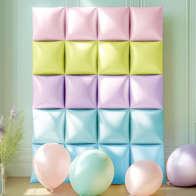 NISOCY 25PCS Pastel Square Foil Balloons Wall Backdrop Double Sided Multicolor Macaron Balloon Tunnel Arch Kit for Birthday Baby Bridal Shower Gender Reveal Easter Wedding Party Decorations