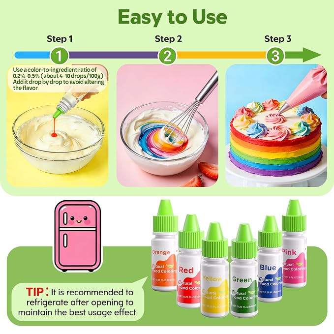 Natural Food Coloring - 6 Colors Dye Free Food Coloring, Strong Color Power, Gluten-Free, FD&C & Artificial Dye Free Formula for Baking, Icing and Cooking, Cakes, Cupcakes, Frosting,Easter Eggs & Holiday Treats